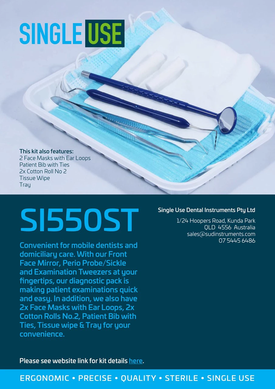 SI550ST_PerioProbeSickleFrontFaceMirrorExaminationTweezers2FaceMasksWithEarLoopsPatientBibWithTies2xCottonRollNo2TissueWipeTray_Instruments